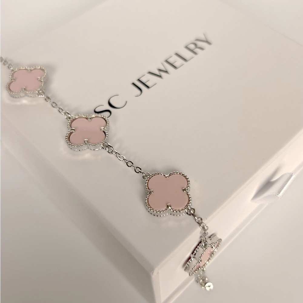 Pink Clover Bracelet Double Sided Silver Color Four Leaf - Picture 2 of 8